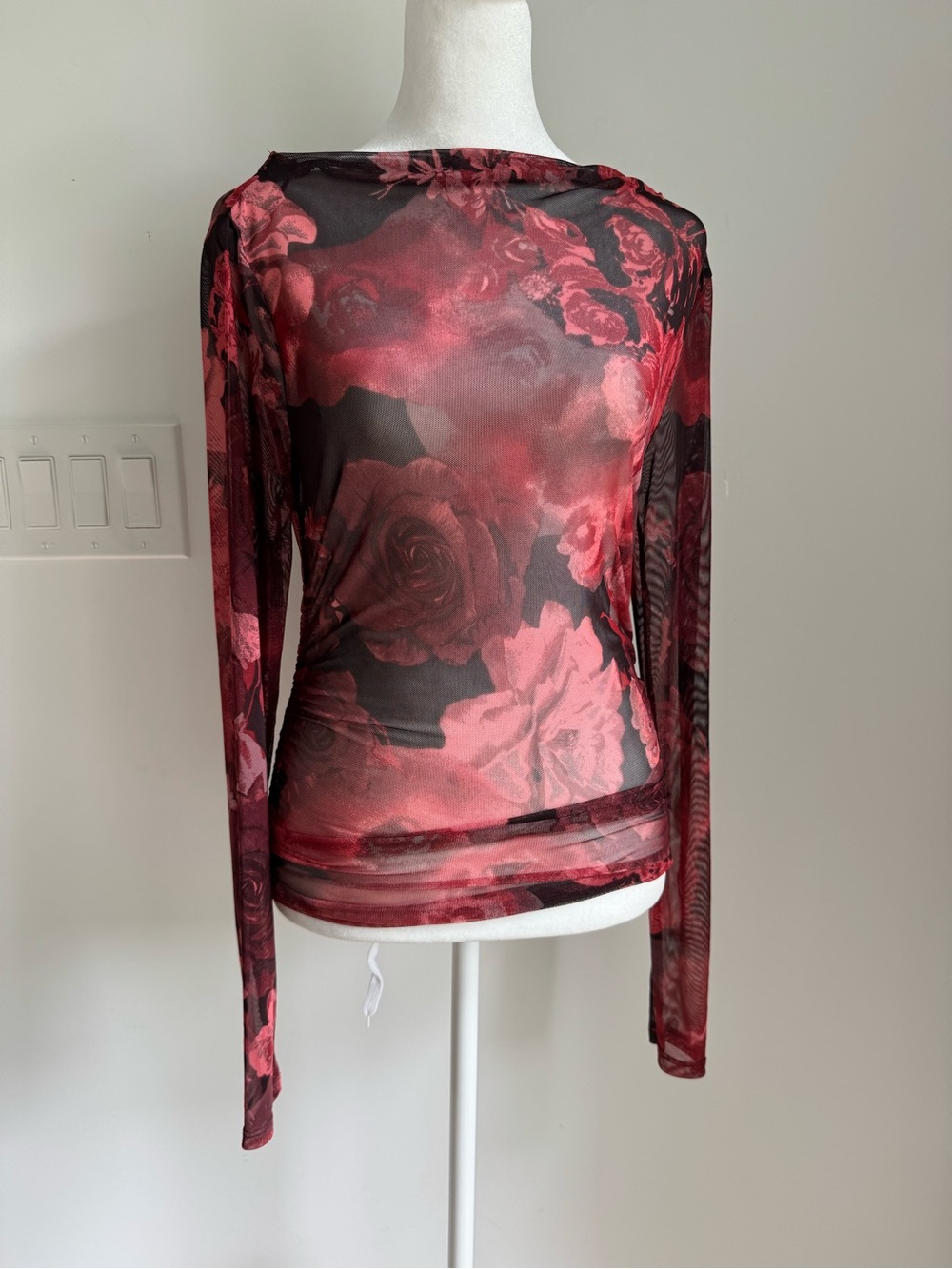 Sweet Rain‎ Mesh Sheer Floral Long Sleeve Top Women’s S Feminine Gothic Romantic